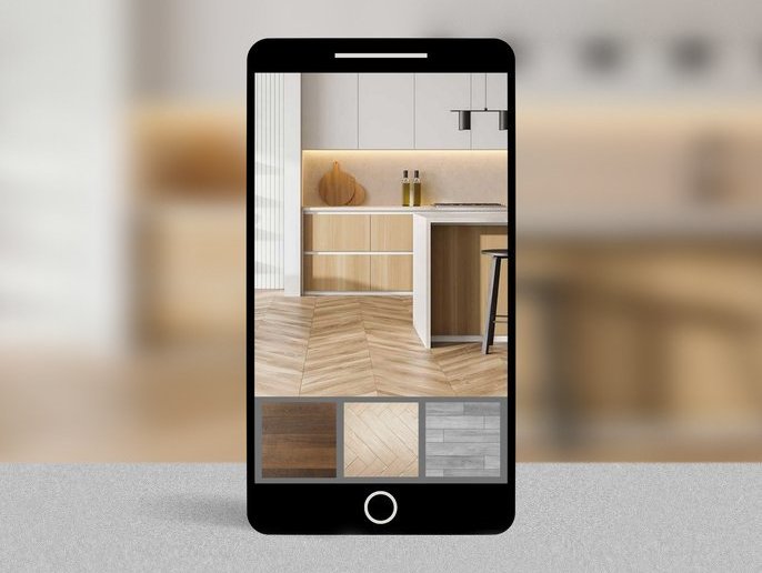 cell phone showing images of kitchen and flooring samples